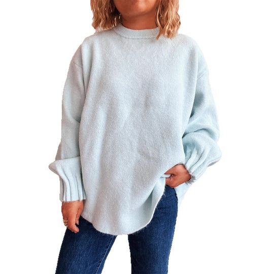 Damen lässiger Strickpullover mit weitem Rundhalsausschnitt und fluffiger Textur EB