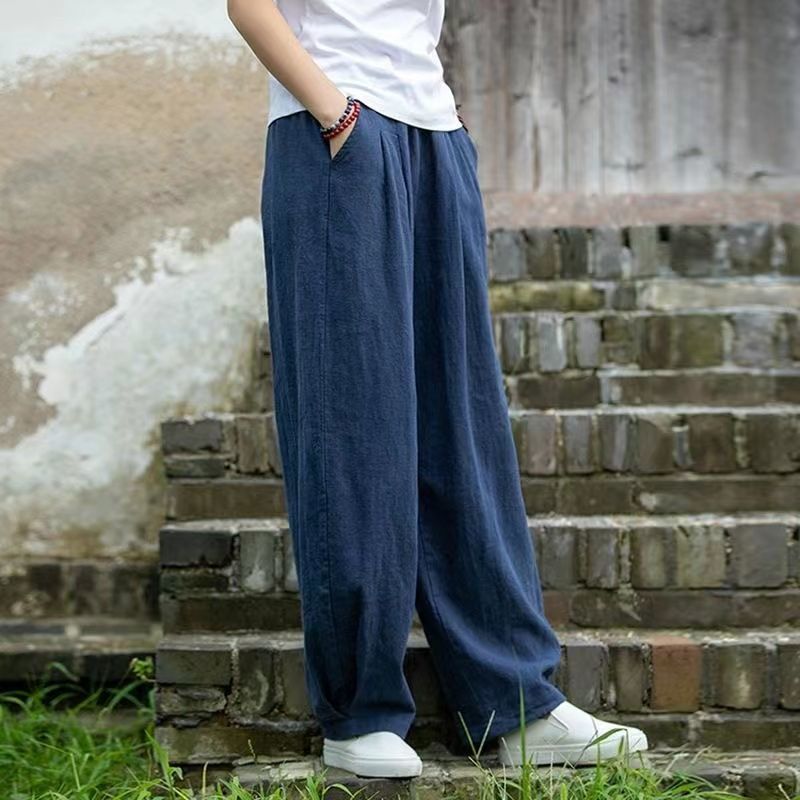 Damen weite Leinenhose mit elastischem Bund und seitlichen Taschen EB