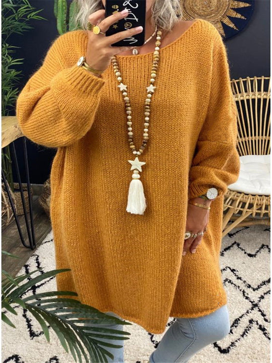 Damen lässiger Langarmstrickpullover im Oversized-Stil mit seitlichen Schlitzen EB