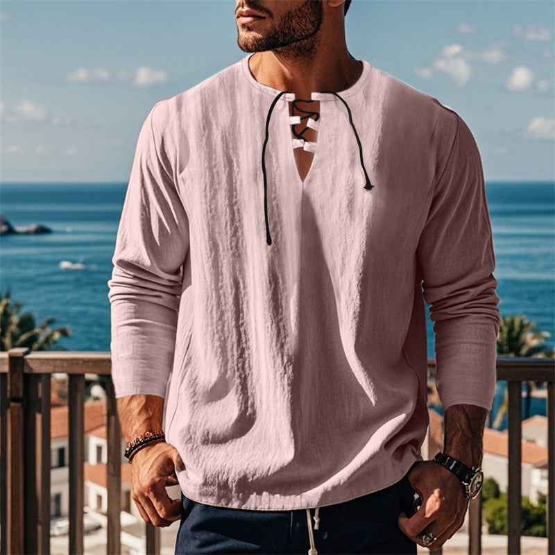Herren modisches Langarmshirt mit Schnürung und V-Ausschnitt EB
