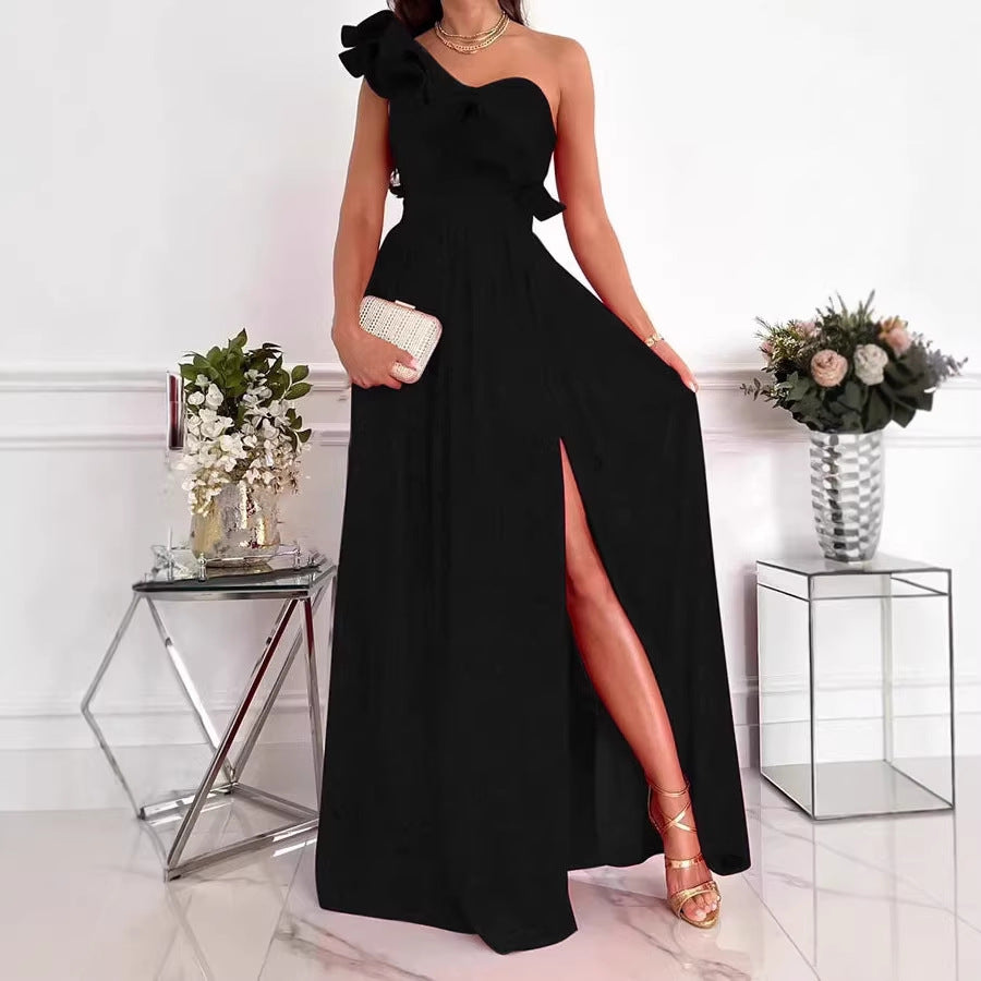 Damen Maxikleid mit asymmetrischem Schnitt und voluminösem Rüschendetail EB