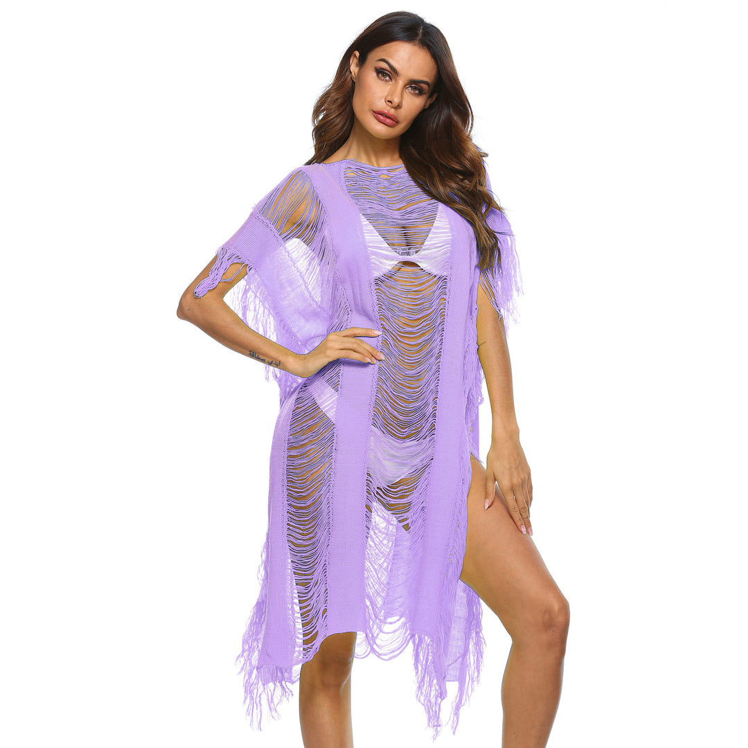 Damen eleganter fransiger Strandüberwurf mit transparenten Akzenten EB