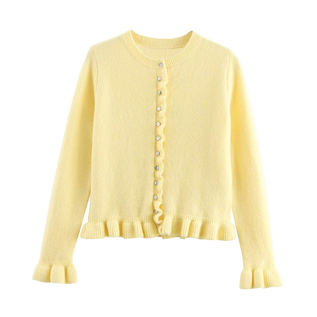 Damen Strickjacke mit dekorativem Rüschensaum und Knopfverschluss EB