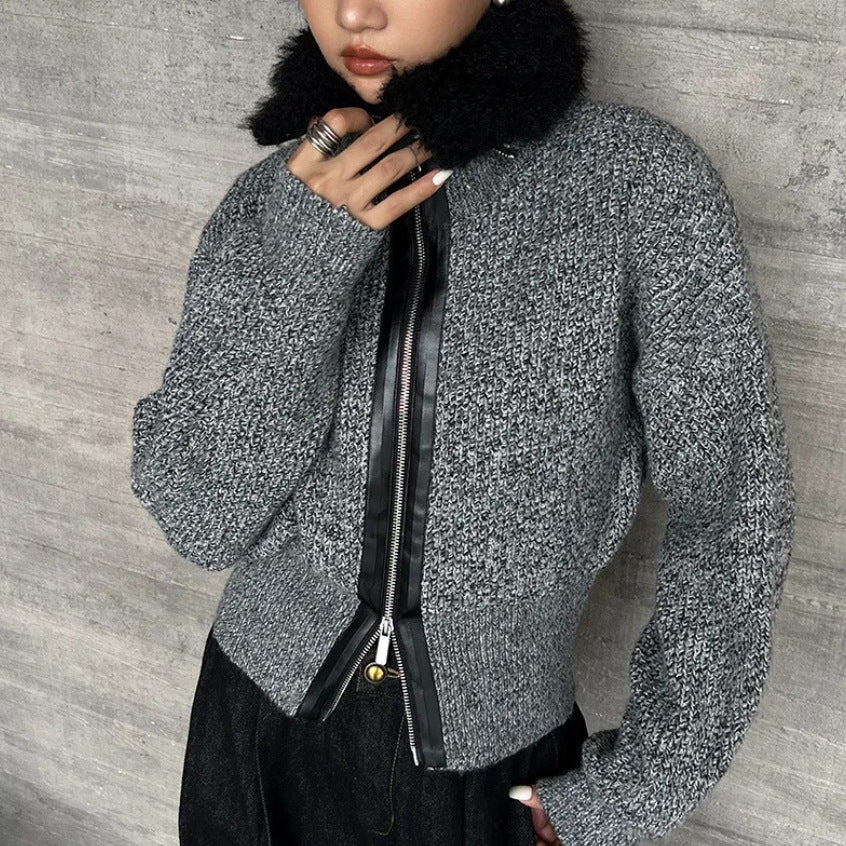 Damen Strickjacke mit kontrastierendem Kragen und seitlichem Reißverschluss EB