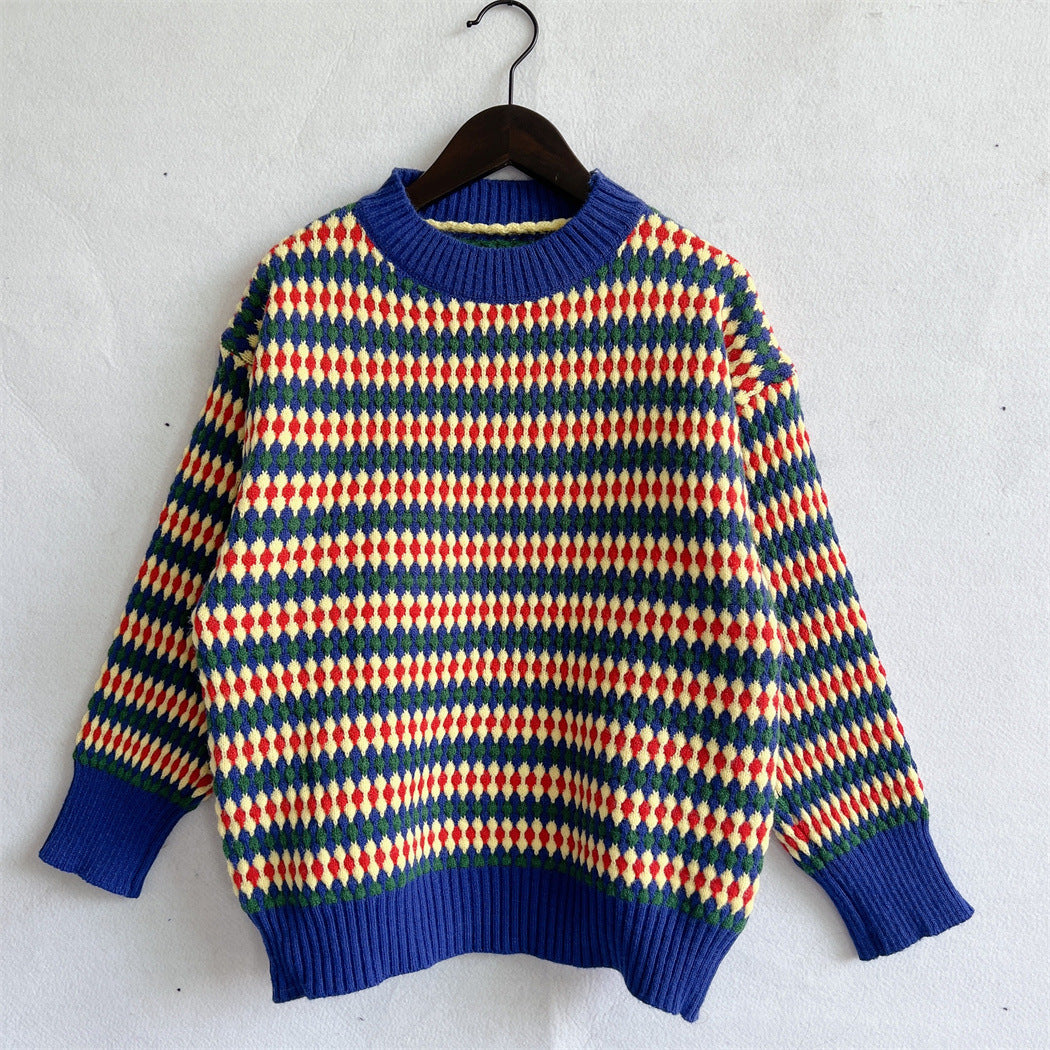 Damen lässiger Strickpullover mit buntem Rautenmuster und Rundhalsausschnitt EB