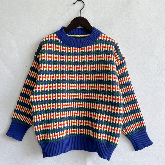 Damen lässiger Strickpullover mit buntem Rautenmuster und Rundhalsausschnitt EB
