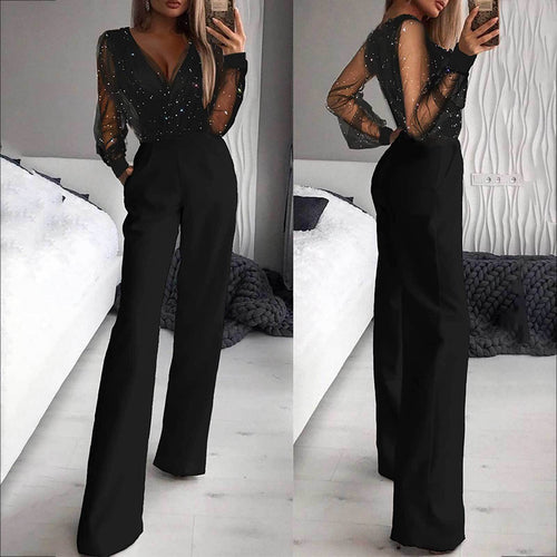 Damen Eleganter Jumpsuit mit transparenten Ärmeln und funkelnden Details EB