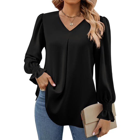 Damen V-Ausschnitt Bluse mit Kellerfalte und gerafften Manschetten EB