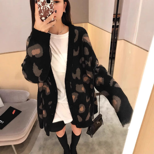 Damen gemütliche Strickjacke mit einzigartigem Leopardenmuster EB
