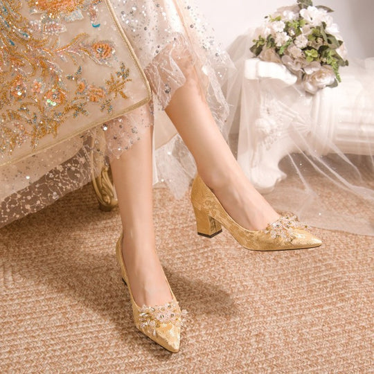 Damen elegante Stiletto-Pumps mit floraler Strass-Applikation EB