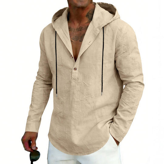 Herren nan Leinen-Henley-Kapuzenhemd mit kurzer Knopfleiste, Kapuze und relaxtem Schnitt EB