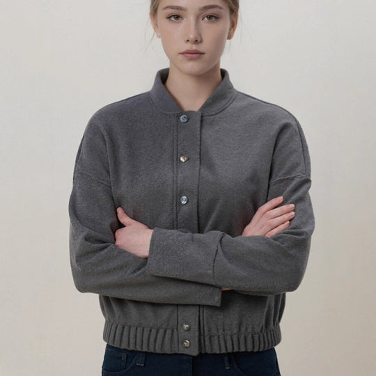 Damen nan kuschelige Fleece-Bomberjacke mit Stehkragen Rippbund und Druckknopfleiste EB