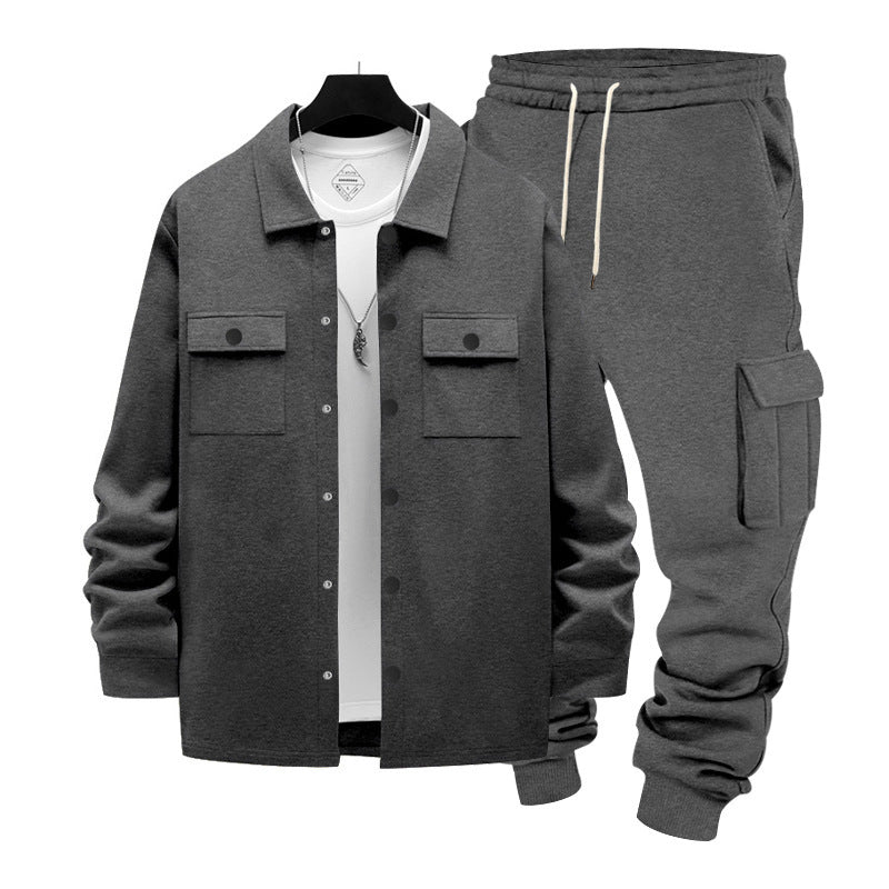 Herren nan lässiges Baumwoll-Misch Overshirt und Cargo-Jogger Set mit Kordelzug, Pattentaschen und elastischen Bündchen EB