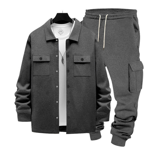 Herren nan lässiges Baumwoll-Misch Overshirt und Cargo-Jogger Set mit Kordelzug, Pattentaschen und elastischen Bündchen EB