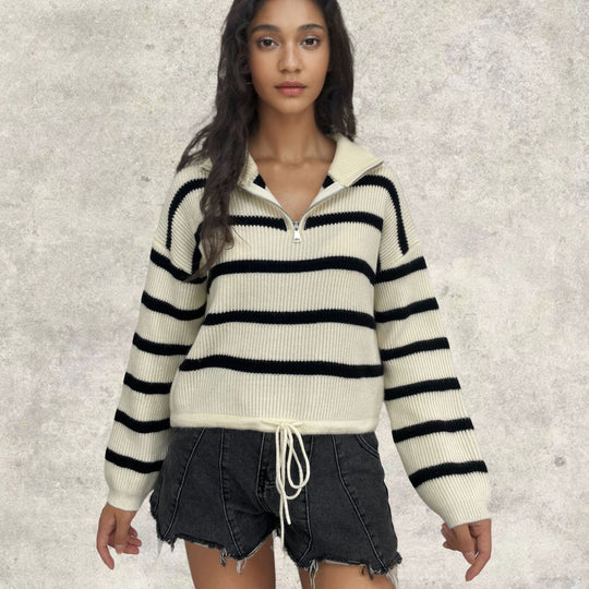 Damen Strickpullover mit Stehkragen und Kordelzug EB