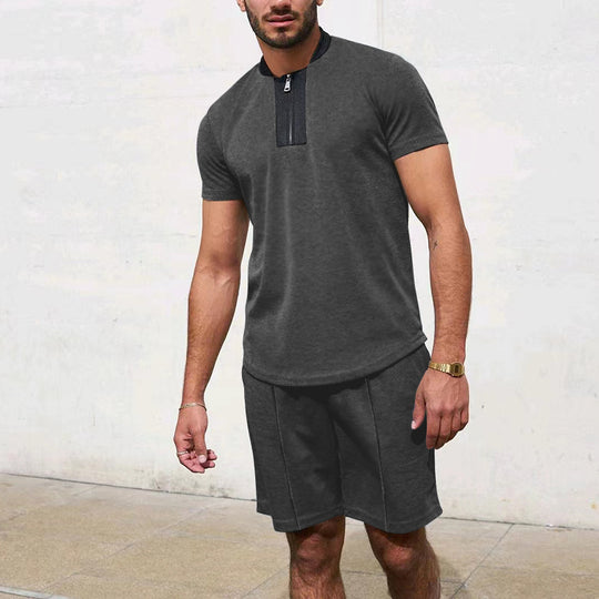 Herren Sportliches Kurzarm-T-Shirt mit Reißverschluss und Joggingshorts EB