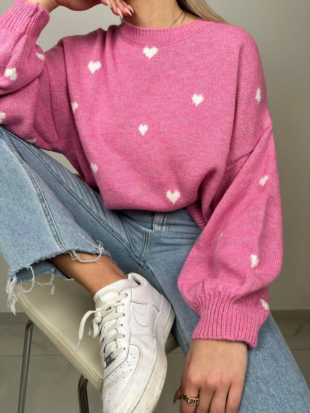 Damen nan oversized Strickpullover mit Herzintarsien und Ballonärmeln EB