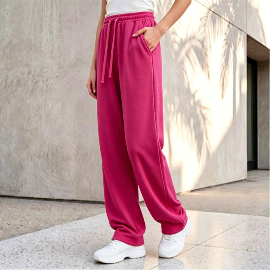 Damen nan weite Loungepalazzo-Hose mit hohem Komfortbund, Kordelzug, seitlichen Eingrifftaschen und dekorativer Seitennaht EB