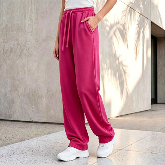 Damen nan weite Loungepalazzo-Hose mit hohem Komfortbund, Kordelzug, seitlichen Eingrifftaschen und dekorativer Seitennaht EB