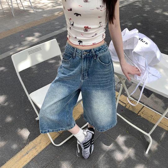 Damen Weite Denim-Culotte-Shorts mit hohem Bund und lässigem Design EB