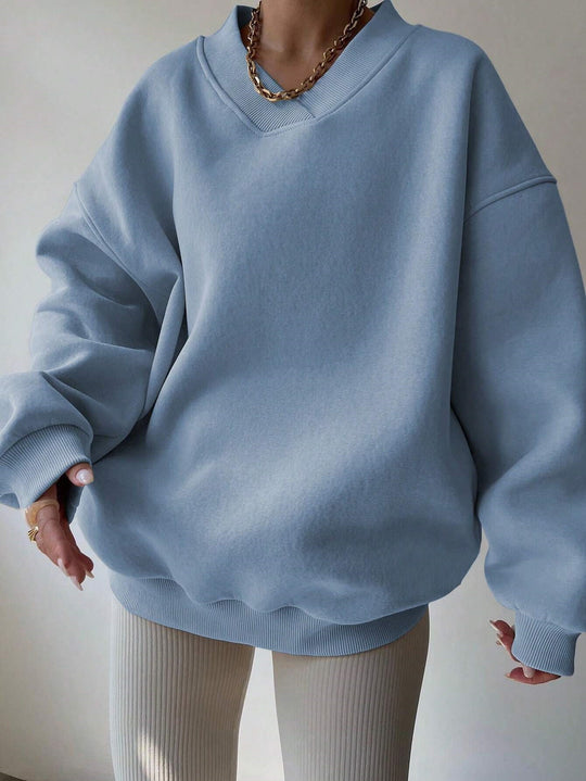 Damen Oversized V-Ausschnitt Sweatshirt mit verstärktem Rippkragen und extraweitem Cut EB