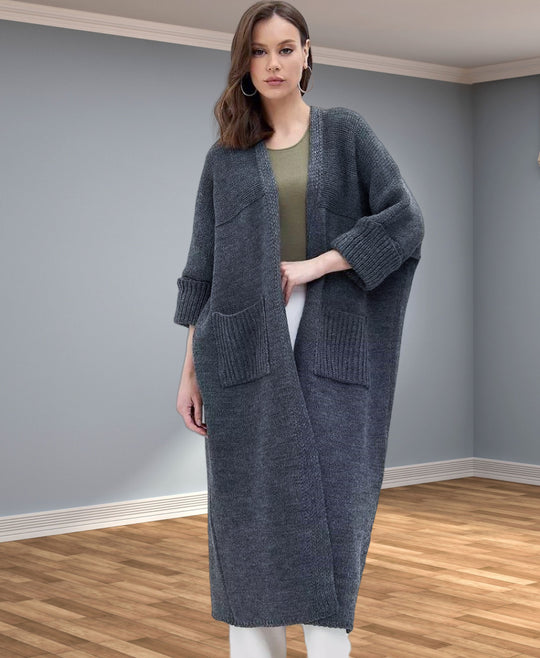 Damen Grobstrickmantel mit praktischen Taschen und elegantem V-Ausschnitt EB