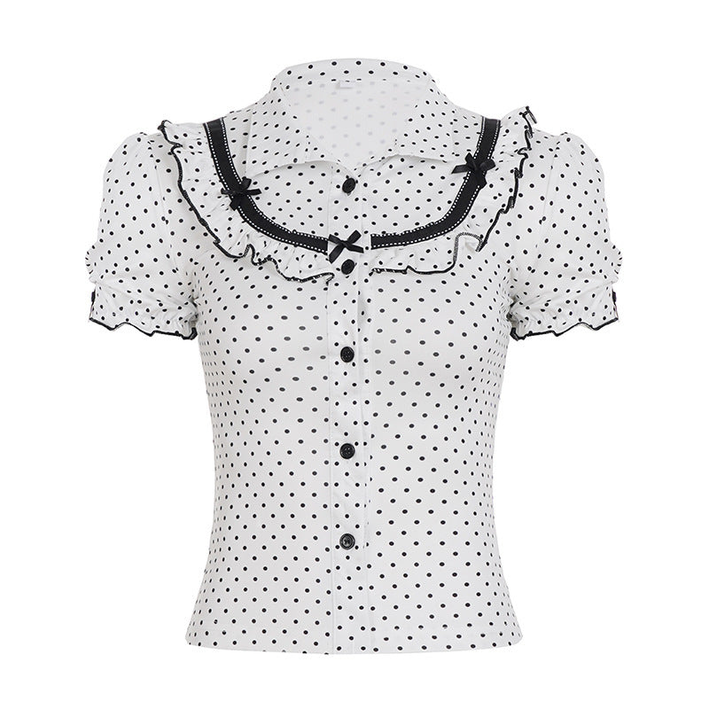 Damen Vintage Polka Dot Bluse mit Puffärmeln EB