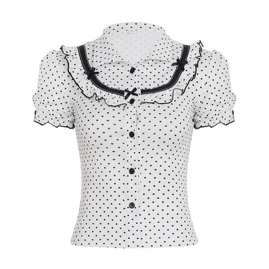 Damen Vintage Polka Dot Bluse mit Puffärmeln EB