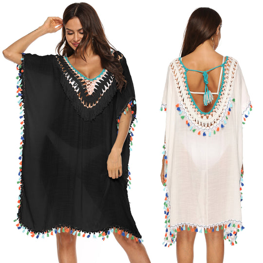 Damen Strandkaftan mit buntem Quastenrand EB