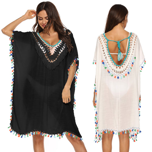 Damen Strandkaftan mit buntem Quastenrand EB