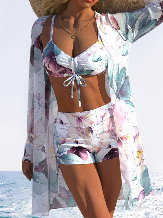 Damen Bikiniset mit floralem Design und schwingendem Kimono EB