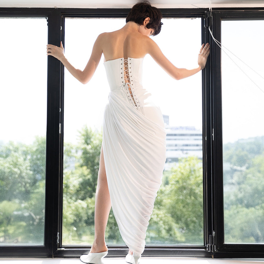 Frauen elegantes bodenlanges Kleid mit raffiniertem Drapierungseffekt EB
