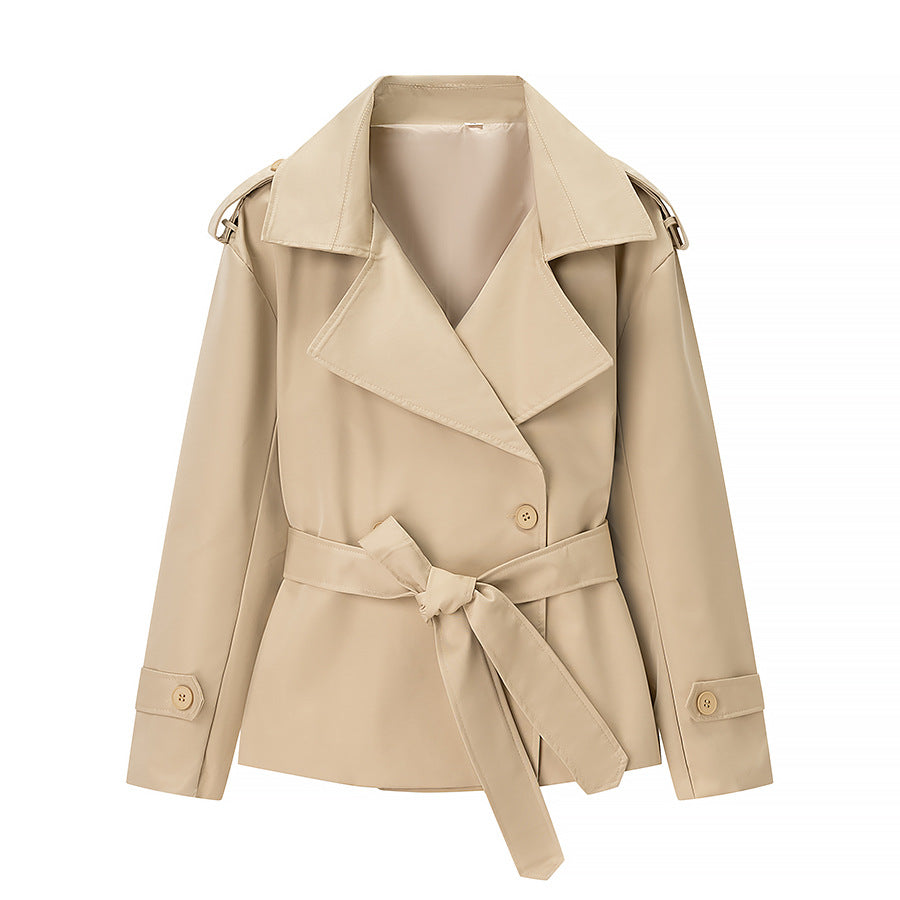Damen nan kurze Trenchcoat Jacke mit Taillengürtel breitem Revers und dekorativen Schulterklappen EB