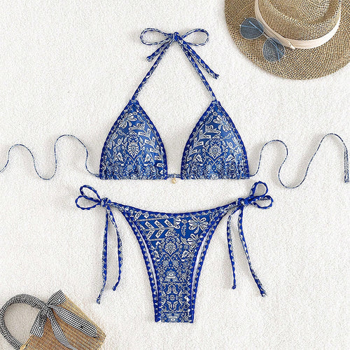 Damen Triangel-Bikini mit verspieltem Muster und eleganten Bindebändern EB