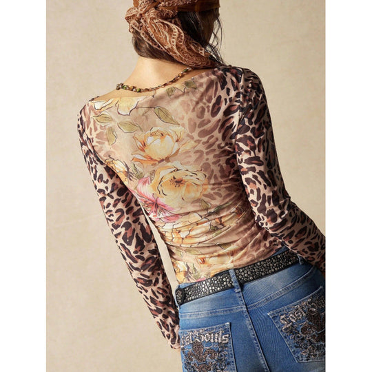 Damen Langarmshirt mit raffiniertem Raffungseffekt und animalischem Druck EB