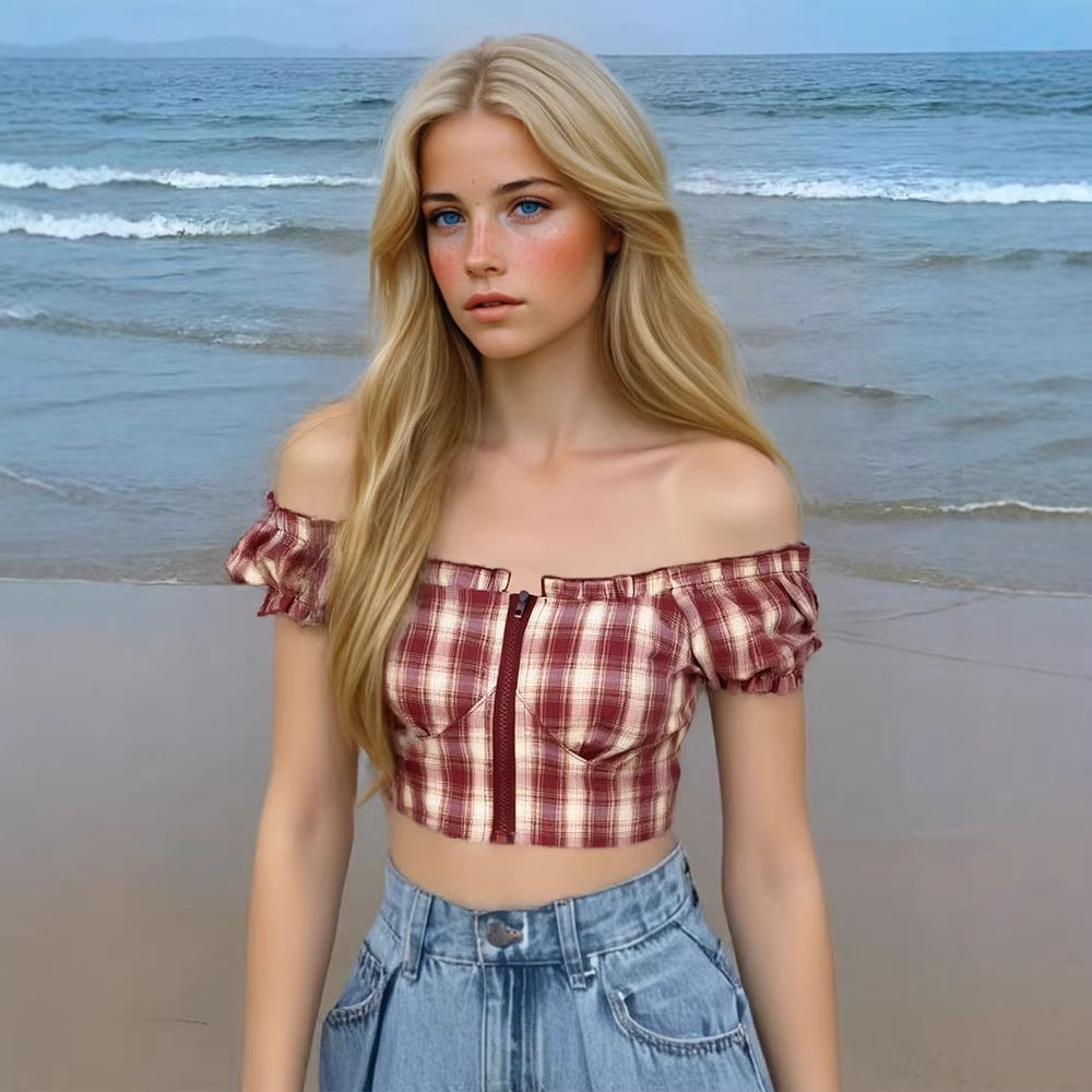 Damen Cropped Bluse mit Puffärmeln und Reißverschluss EB