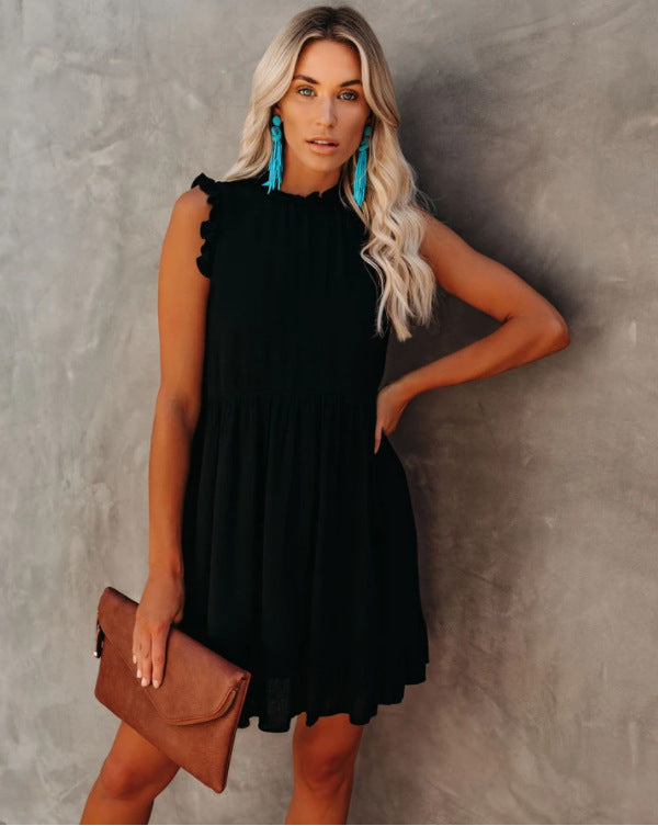 Damen lässiges Rüschendetails Kleid mit hohem Kragen EB