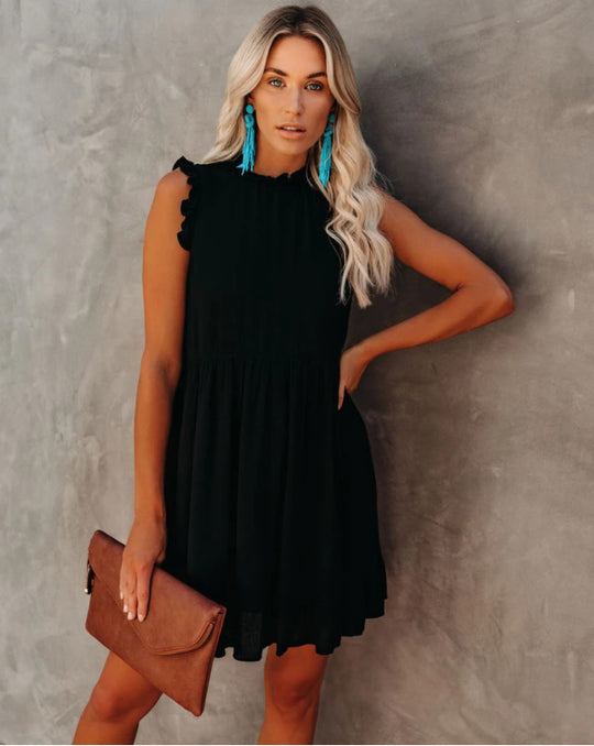 Damen lässiges Rüschendetails Kleid mit hohem Kragen EB