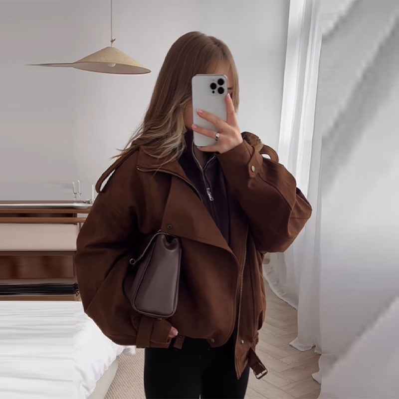 Damen Oversized Kunstlederjacke mit praktischen Taschen und lässigem Schnitt EB