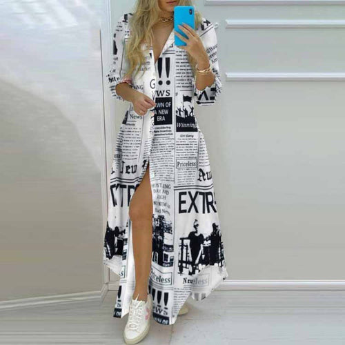 Damen Maxikleid mit Aufdruck im Zeitungslayout und seitlichem Schlitz EB