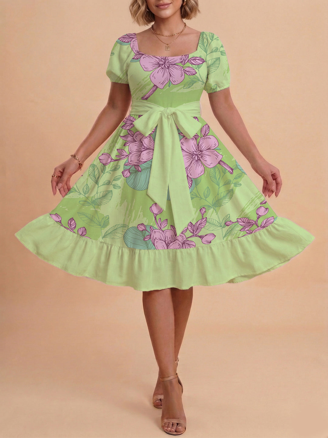 Damen Blumenkleid mit taillierbarem Gürtel und voluminösen Ärmeln EB