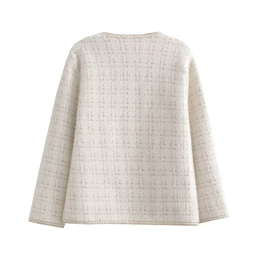 Damen Strukturierte Bouclé-Jacke mit dekorativen Perlen und Taschen EB