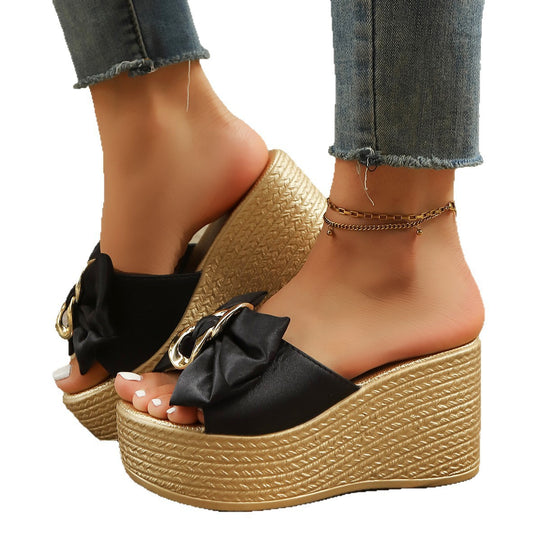 Damen Wedge-Pantoletten mit Glamourösen Schleifen und Goldakzenten EB