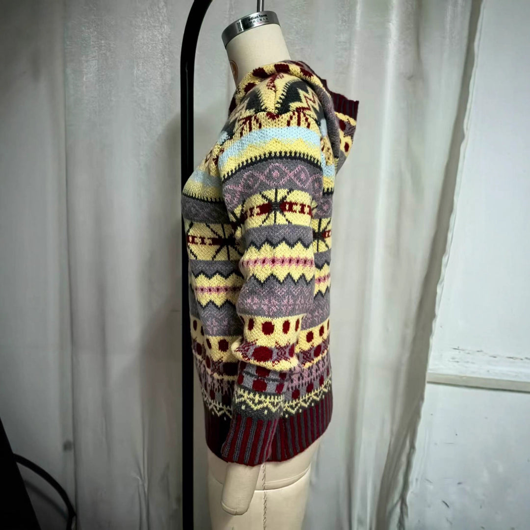 Damen nan oversized Strickkapuzenpullover mit Norwegermuster, gefütterter Kapuze und gerippten Bündchen EB