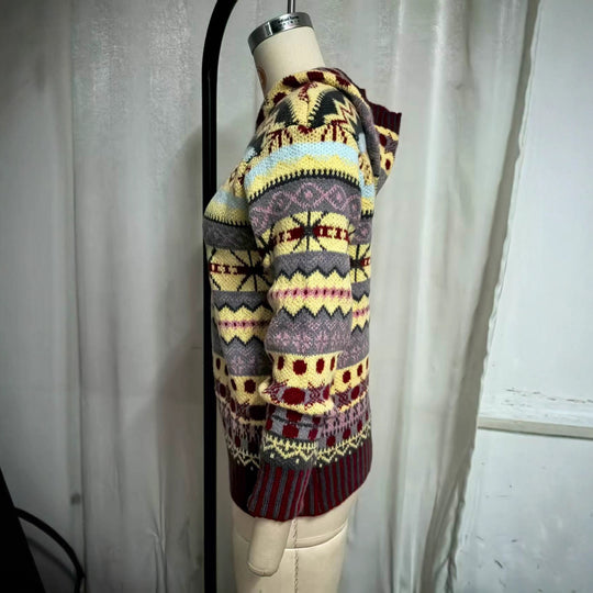 Damen nan oversized Strickkapuzenpullover mit Norwegermuster, gefütterter Kapuze und gerippten Bündchen EB