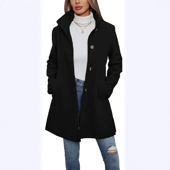 Damen Eleganter Wollmantel mit Hochgeschlossenem Kragen und Praktischen Taschen EB