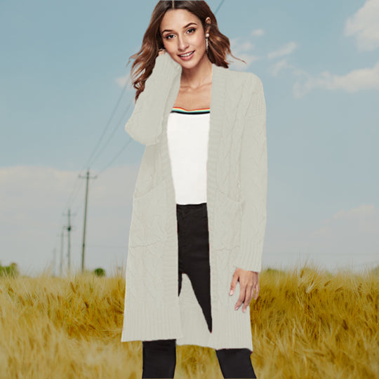 Damen Strickmantel mit großen Taschen und eleganten Zopfmustern EB