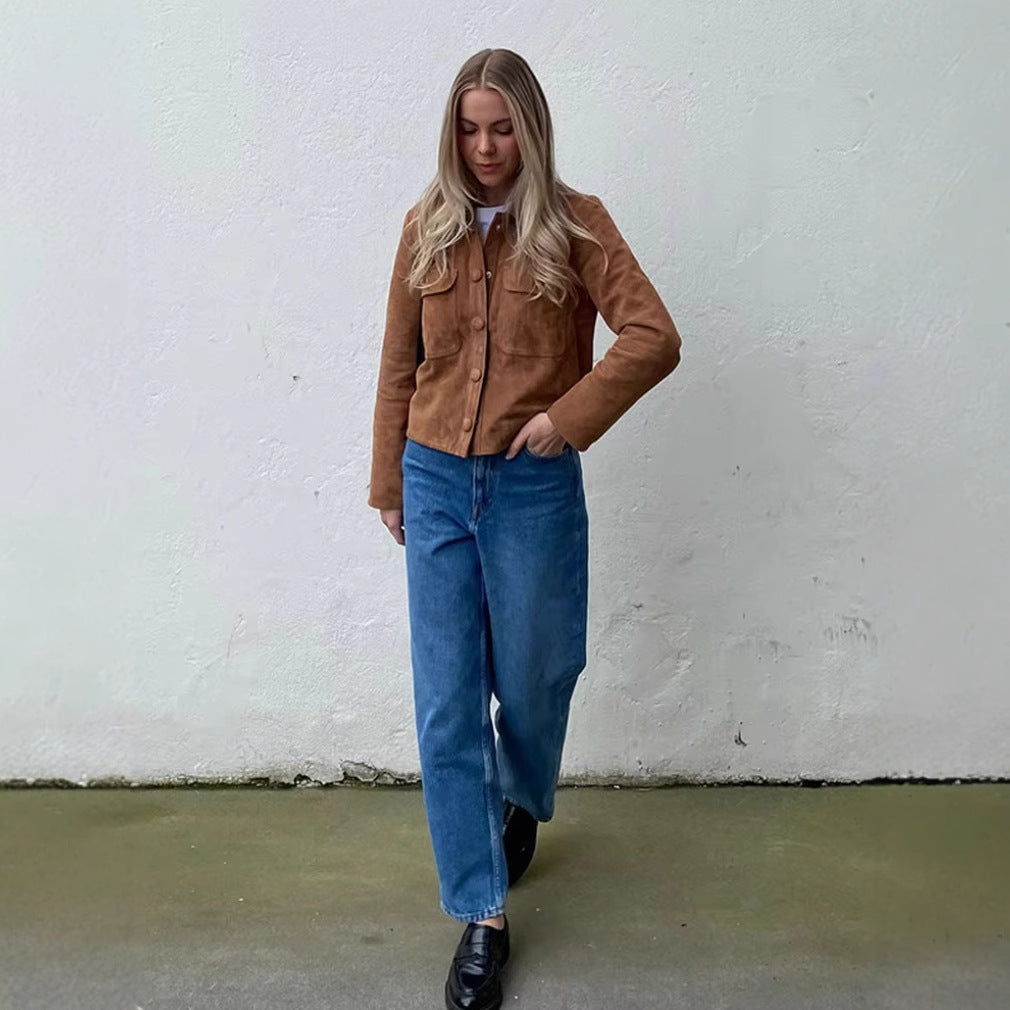 Damen modische Jacke im Vintage-Stil mit praktischen Taschen EB