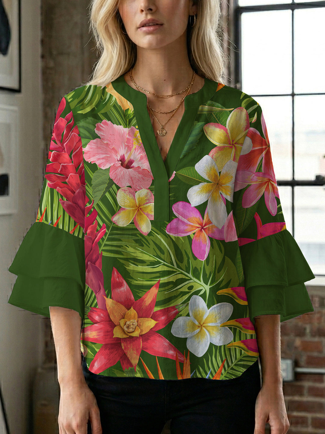 Damen Blusenshirt mit voluminösen Ärmeln und floralem Muster EB