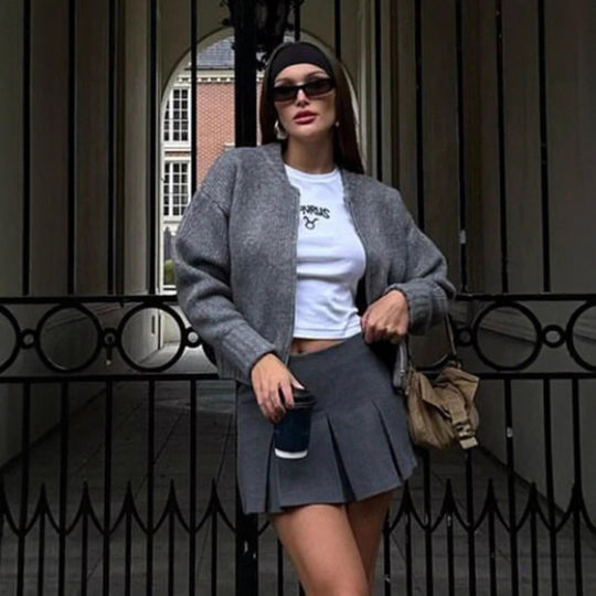 Damen modische Strickjacke mit hohem Kragen und Reißverschluss EB